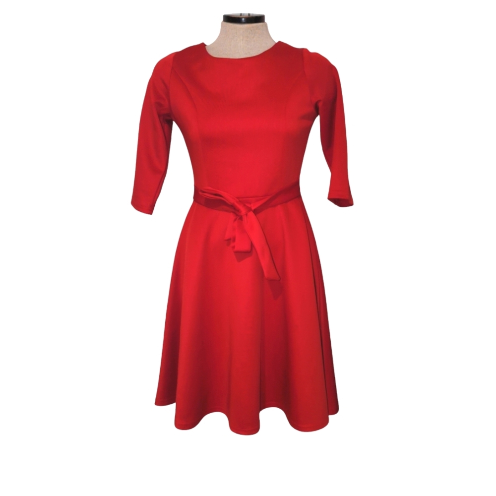 Fashion Classic Collection Womens Red 3/4 Sleeves Boat Neck A-Line Dress Size S